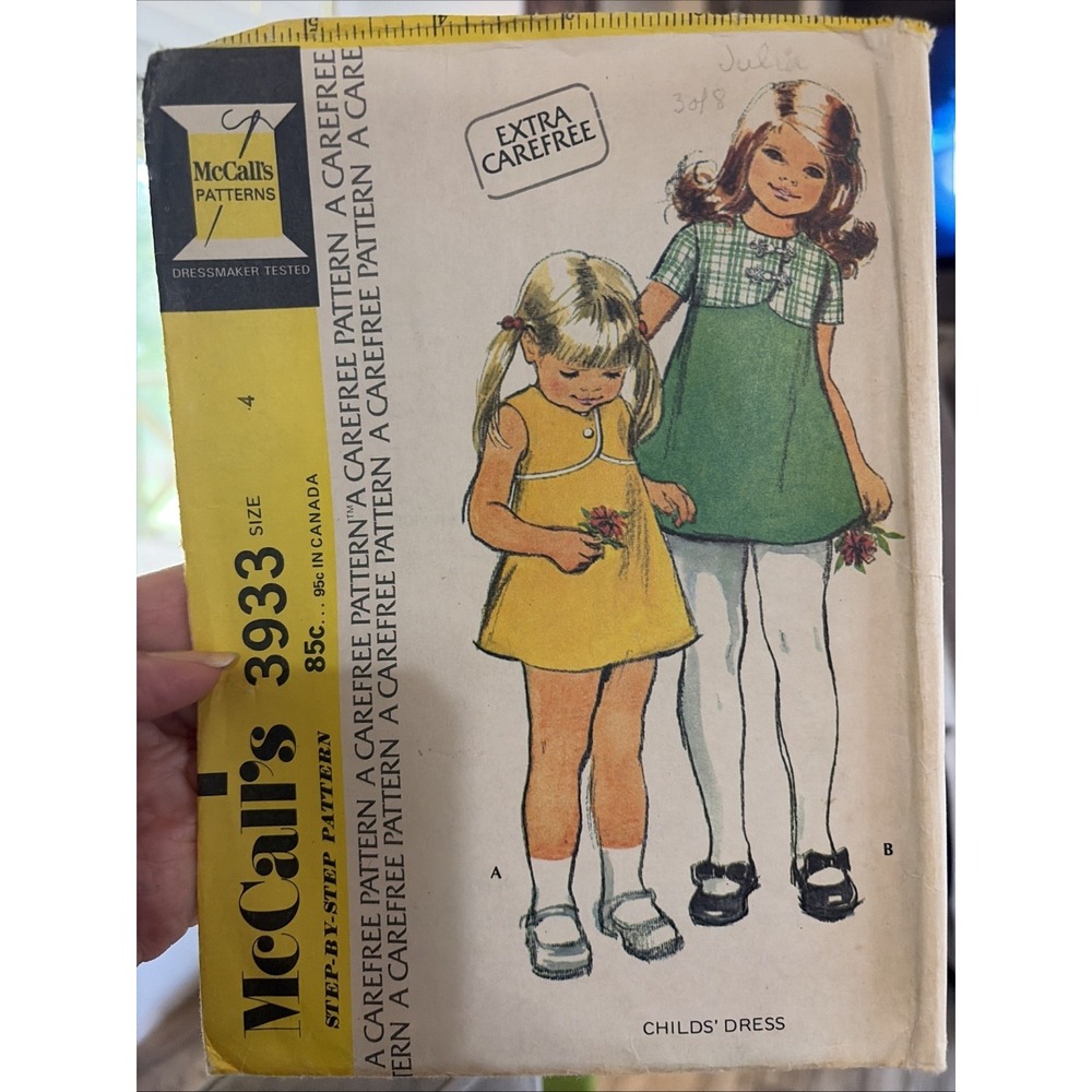 Vintage McCalls 3933 Girls Dress Sewing Pattern Size 4 Retro 1974 Cut Complete